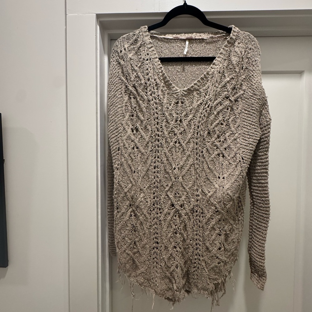 Free People Textured V-Neck Sweater in Tan